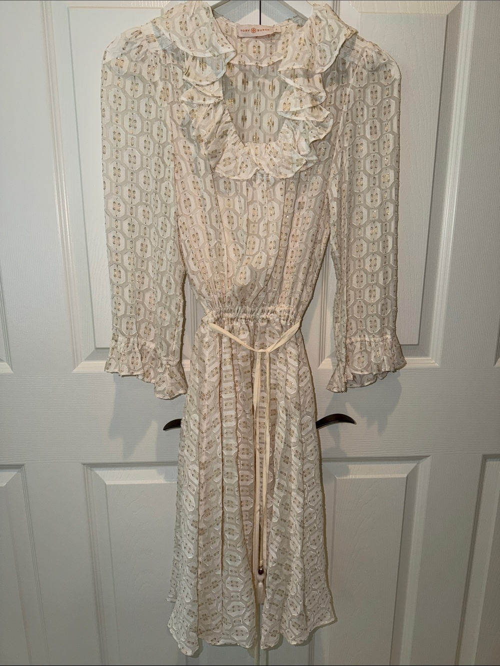 Tory Burch Cream Lace Ruffle-Neck Dress with Gold Thread Details